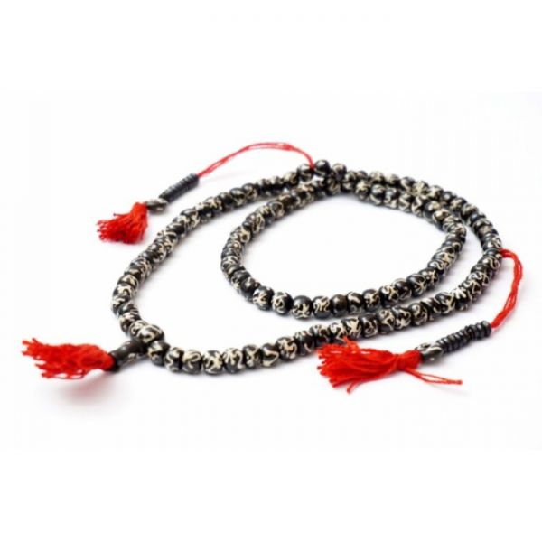 Чотки з кістки ОМ санскрит чорні + білий малюнок 8 мм  108 намистин